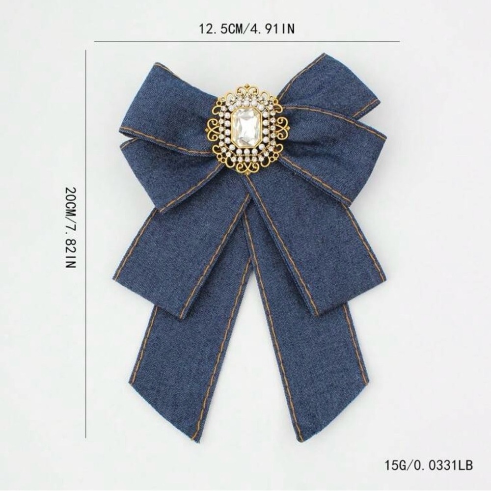 Elegant Blue Bow Brooch with Gold Accent - Picture 3 of 11